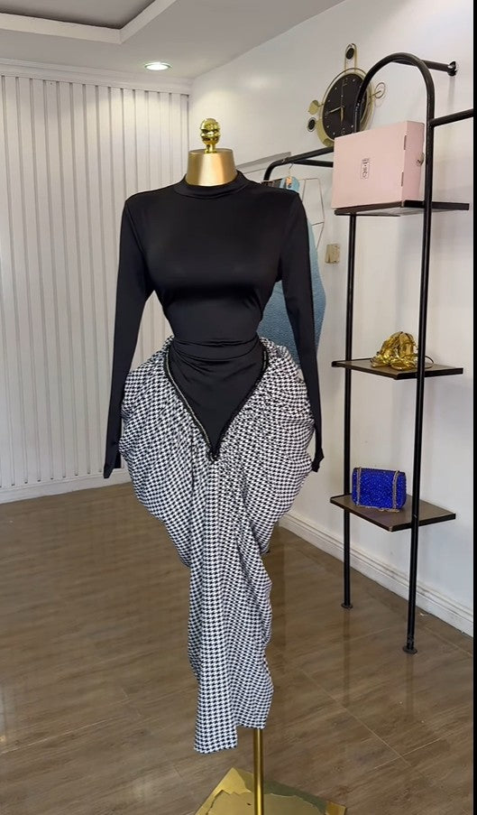 CM.YAYA Women Print Patchwork Stacked Ruched Long Sleeve Bodycon Midi Maxi Long