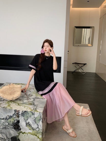 NYFS 2025 Summer Dress Loose plus Size Black Patchwork Pink Hem Long Dresses Robe Elbise Short Sleeve Korean Style Woman Dress