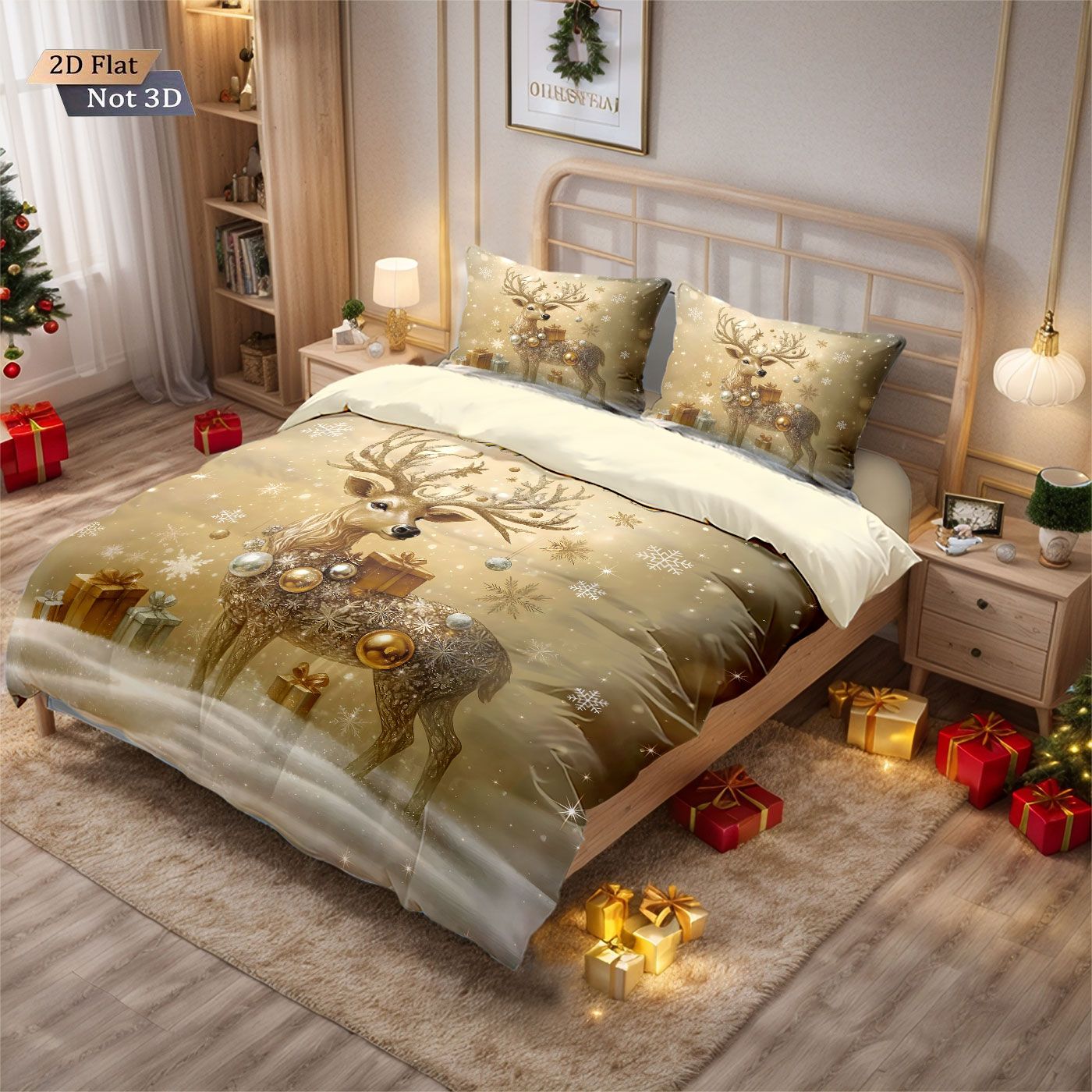 Conjunto de edredom sem enchimento 3 peças com estampa de cervo dourado de Natal, vários tamanhos, roupa de cama para quarto, decoração de feriado, macio e lavável à máquina