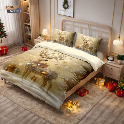 Conjunto de edredom sem enchimento 3 peças com estampa de cervo dourado de Natal, vários tamanhos, roupa de cama para quarto, decoração de feriado, macio e lavável à máquina