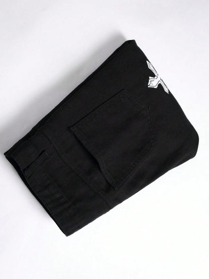 High street black youth cross print elastic hole patch tight jeans for men