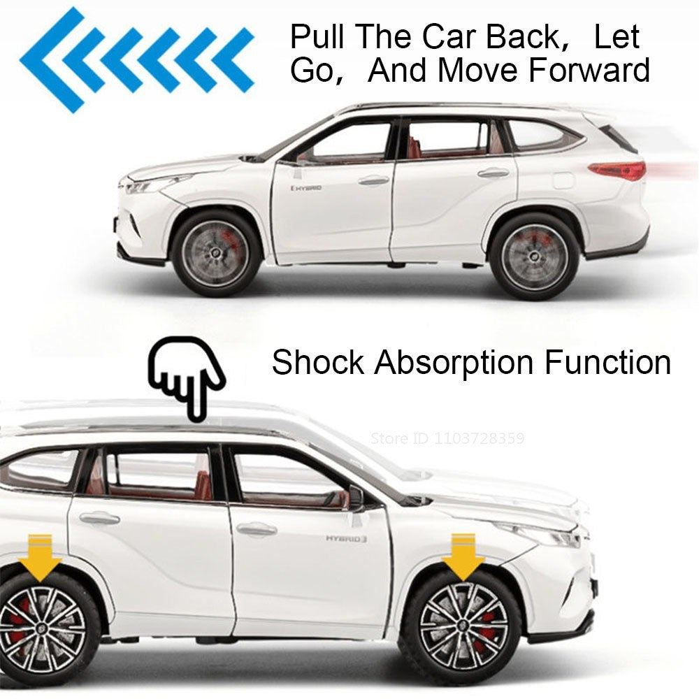 Miniaturas de carros Highlander RAV4 em liga fundida escala 1:24, com som, luz, portas que abrem, função de fricção e absorção de choque – Presente para meninos