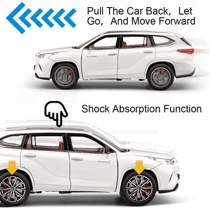 Miniaturas de carros Highlander RAV4 em liga fundida escala 1:24, com som, luz, portas que abrem, função de fricção e absorção de choque – Presente para meninos