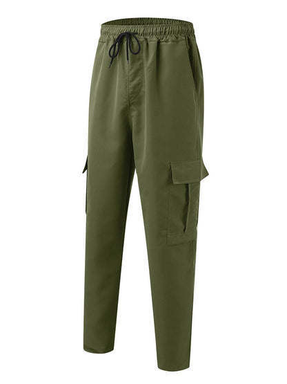 Men s Loose Cargo Long Pants Solid Color Drawstring Waist Straight Leg Trousers Casual Work Pants with Pockets