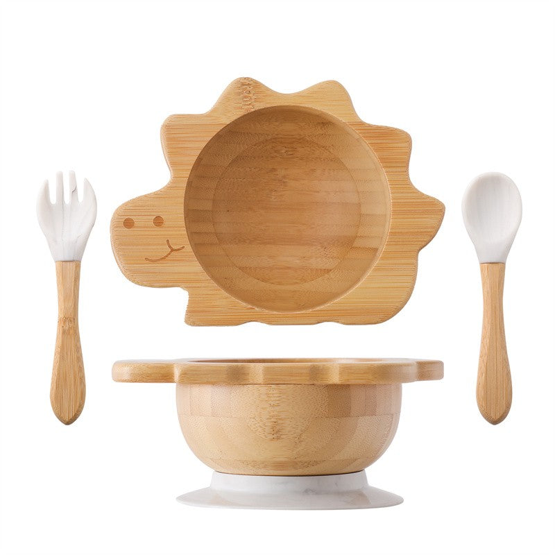 Baby Wooden Tableware Set Could Bamboo Wooden Plate Bowl Silicone Suction Wooden Handle Fork Spoon for Children Feeding Supplies