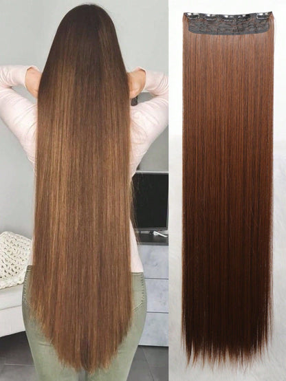 Aosiwig Sintético Super Longo Liso 100cm 5 Presilhas Extensão de Cabelo Natural Preto Loiro Aplique Postiço para Mulheres