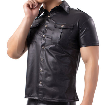 Mens Shirts Faux Leather T Shirts Nightclub Stage Costumes Short Sleeve Button Up Shirt PU Leather Latex Wetlook Dance Clubwear