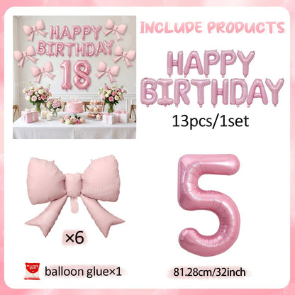 Pink Bow Birthday Balloon Happy Birthday Letter Balloon Used for Wedding, Valentine's Day, Birthday, Proposal Decoration Decor