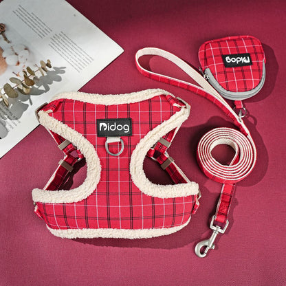 Conjunto de Coleira e Peitoral Respirável para Cães Peitoral de Pele para Cães Quente de Inverno Colete Corda para Passeio de Animais com Saco de Lixo para Cães Pequenos e Médios