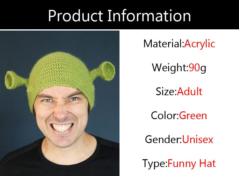 Unisex Balaclava Monster Shrek Hat Wool Winter Warm Knitted Hats  Green Funny Beanie Skullies Cap for Women Men Pure Handmade