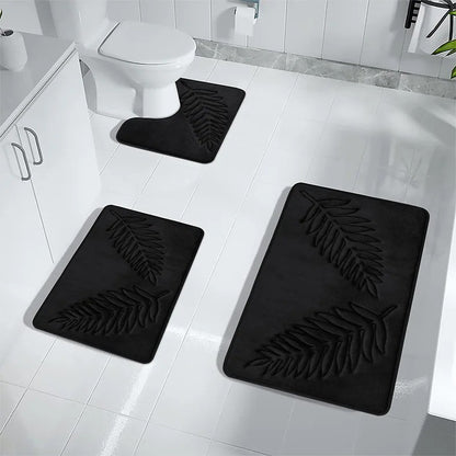 Conjunto de 3 Peças de Tapetes de Banheiro em Espuma de Memória, Ultramacios e Absorventes, com Estampa de Folhas, Tapetes de Banho Grossos e Laváveis Para Vaso Sanitário e Banheira