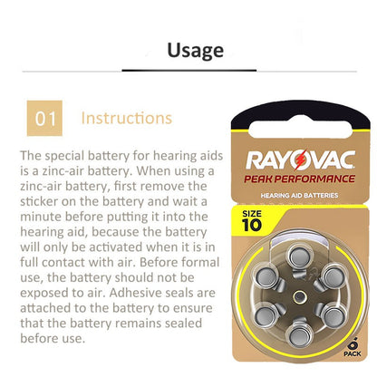 60Pcs Hearing Aid Batteries 10 A10 ZA10 10A P10 PR70 Rayovac Peak High Performance Zinc Air Battery For Mini Digital Hearing Aid