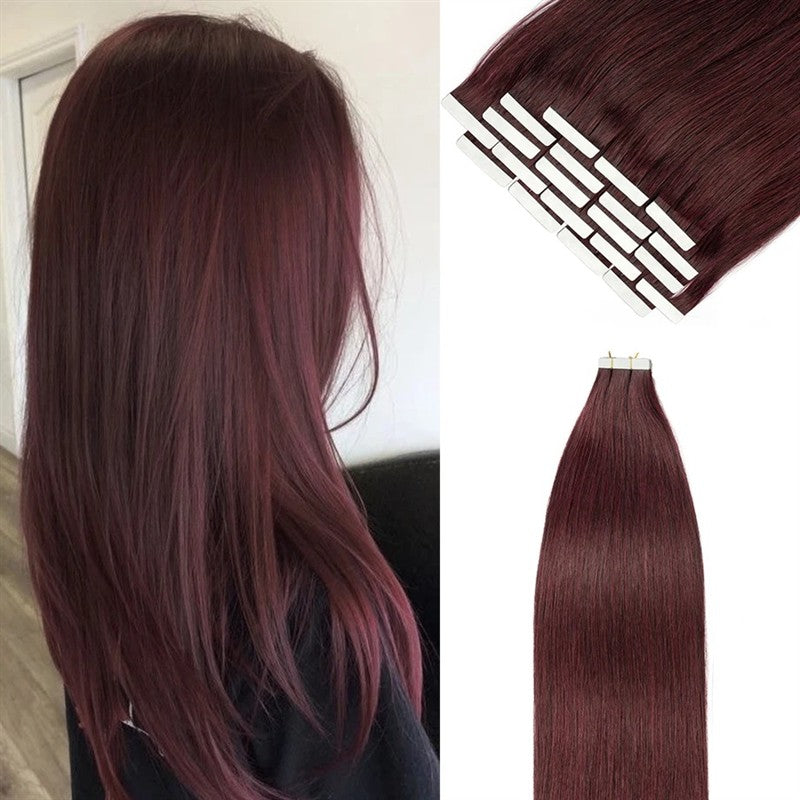 Extensões de Cabelo Borgonha com Fita Adesiva, Cabelo Humano Real, Extensões Vermelhas #99j Preto para Prata Liso para Mulheres