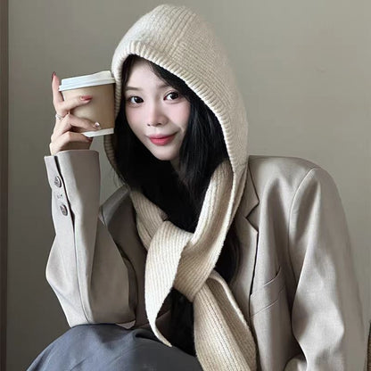 Knitted Winter Balaclava One-piece Thickened Scarf Cap Winter Accessories Hooded Hat Neck Protection Scarf Cold Weather New