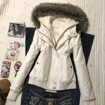2025 Fashion Retro New Style Fur Collar Zipper Hooded Short Jacket Harajuku Street Loose Casual Solid Color Slim Short Jacket