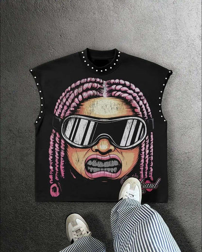 Streetwear Y2K Fashion Fashion Retro Sleeveless Oversized T Shirt Gothic Classic Top Hip Hop Print Extra Large Round Neck Vest