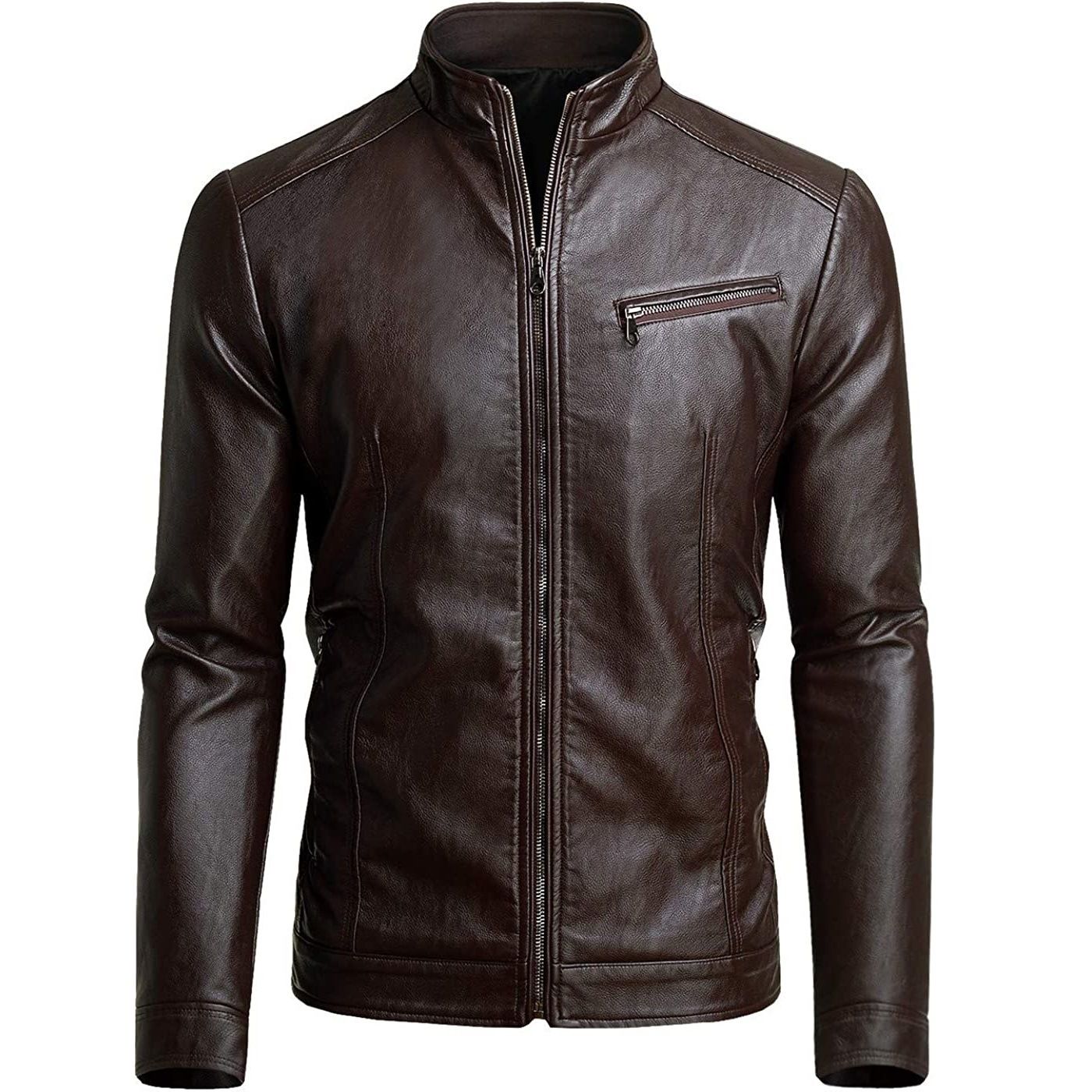 Autumn Winter Men Stand Collar Motorcycle Leather Jacket Coat Brown Black Coffee Multi Color Options Slim Fit Trendy Outerwear