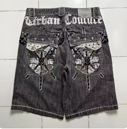 High Quality Street Y2K Retro Denim Shorts Shinjuku Hip Hop Pocket Loose Denim Shorts For Men and Women In Summer Gothic Shorts
