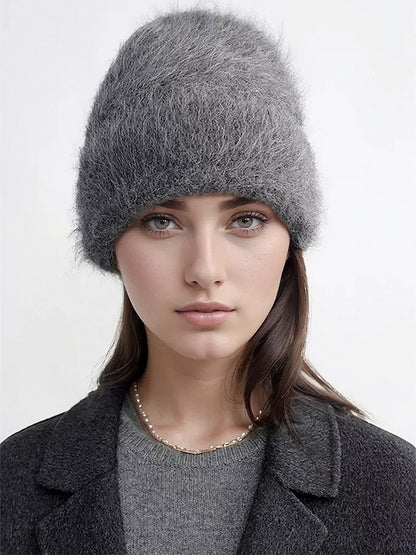 Gorros de Lã de Alpaca Fofos Femininos, Chapéu Quente de Malha, Gorro de Inverno, Cor Sólida, Outono Inverno