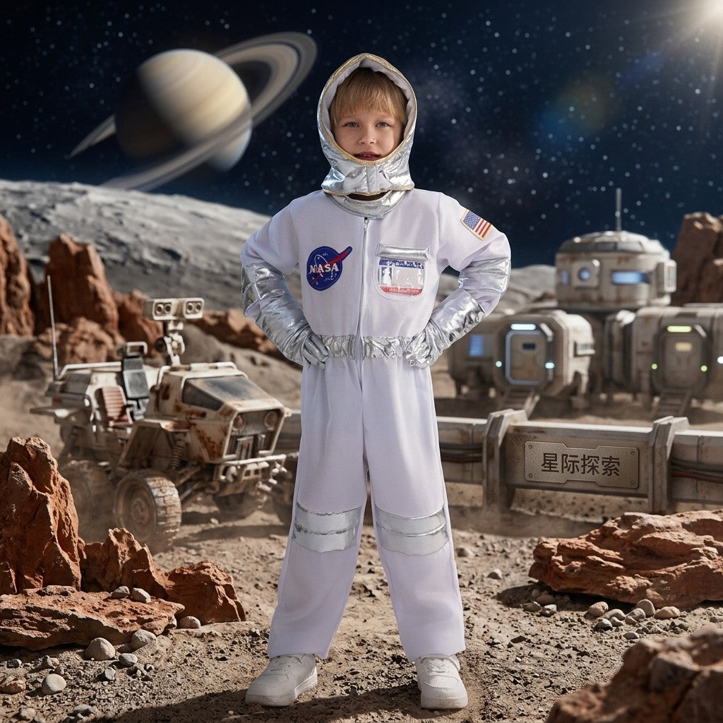 Halloween Space Suit Jumpsuit Cosmic Astronaut Costume Metallic Silver Unisex Family Party Dress Up
