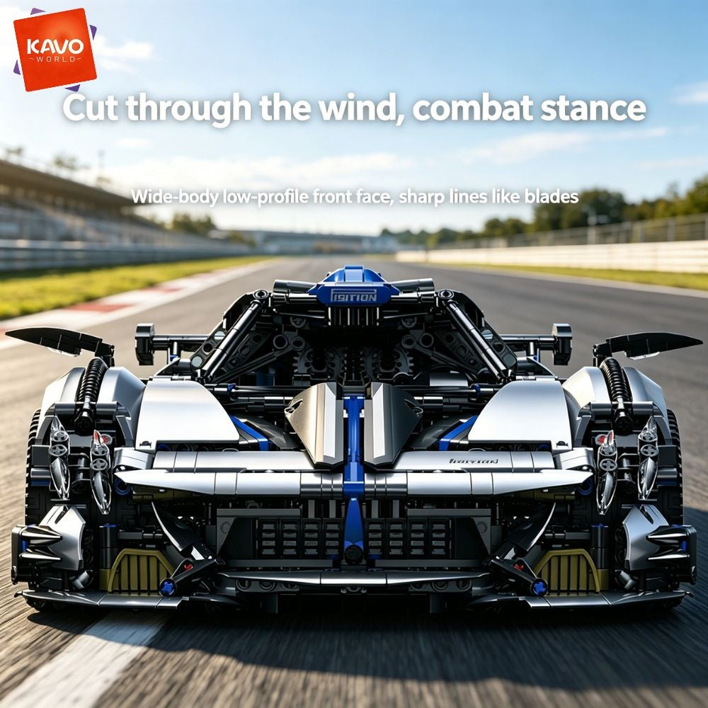 KAVOWORLD 1:8 Scale Silver-Blue Technical Super Racing Sports Car Building Blocks Set 3526pcs DIY STEM Assembly Premium ABS Racing Car Building Bricks Toy Model with Rear Linkage Engine & Track Wing, Ideal Birthday Christmas Gift for Teens Adults