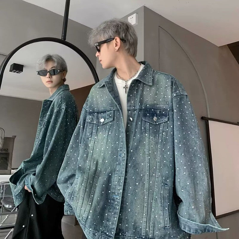 American Trendy Denim Jacket Mens Make Old Flash Diamond Fashion Outwear Spring Single-breasted Street Couple Cowboy Coats