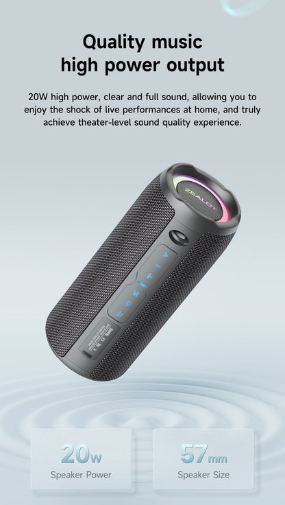 Zealot-S49PRO Portable Bluetooth Speaker 20W IPX6 Waterproof Powerful Sound Box Bass Boost Dual Pairing True Wireless Speaker