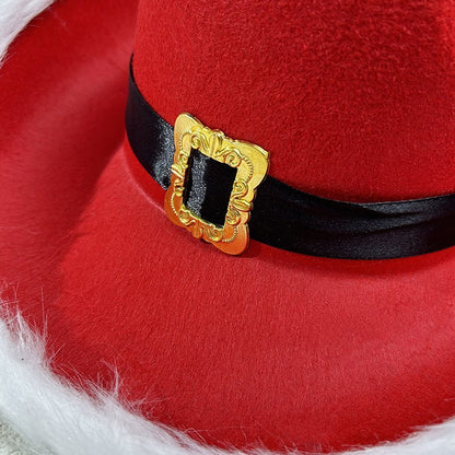 Red Christmas Cowboy Hat with Feather & Gold Buckle, Western Party Hat for Women Men, Floppy French Jazz Cap for Xmas