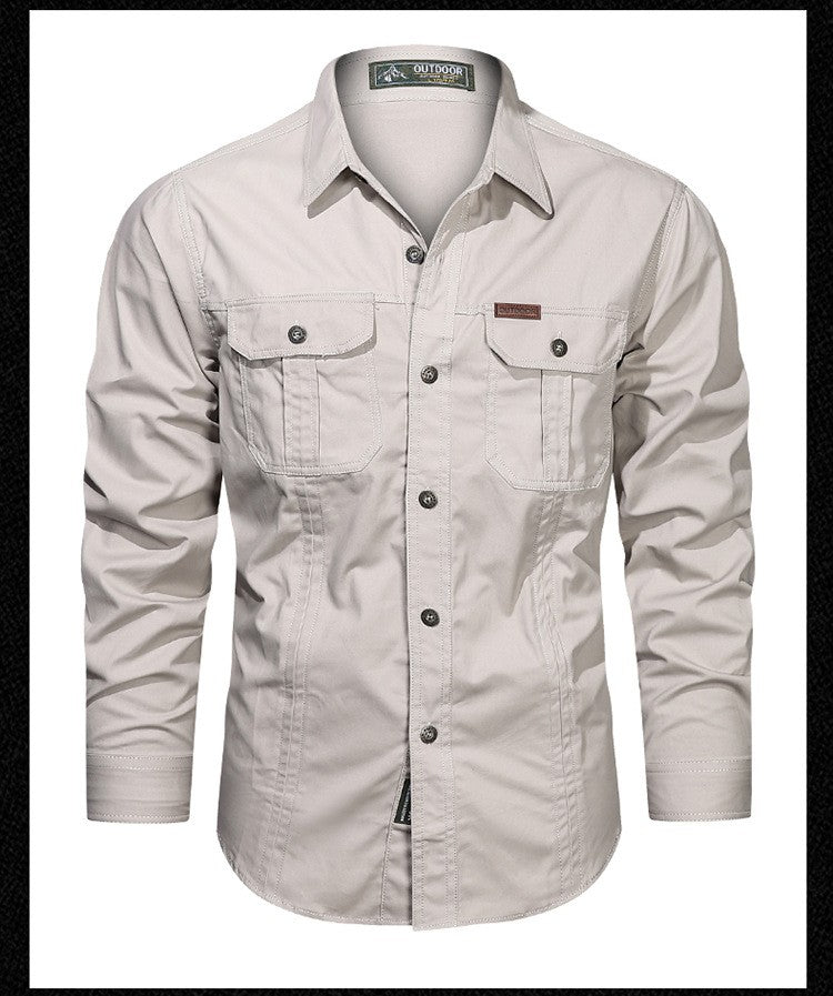 Spring Autumn Fashion Men's 100% Cotton Long-Sleeved Solid Color Premium Casual Shirt Multi Pockets 6XL Large Size Cargo Jackets