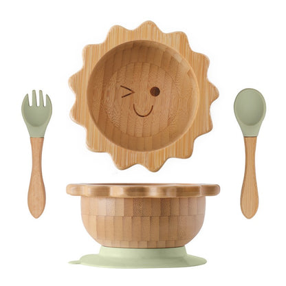 Baby Wooden Tableware Set Could Bamboo Wooden Plate Bowl Silicone Suction Wooden Handle Fork Spoon for Children Feeding Supplies