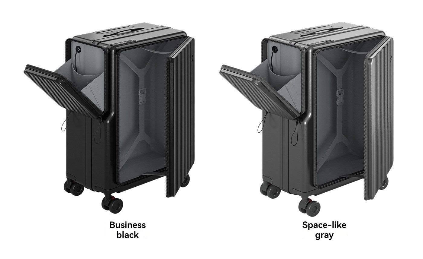 Nova Bagagem com Abertura Frontal de Grande Capacidade, Expansível, Porta-Copos, Carregamento USB, Alça Telescópica e Rodas Universais