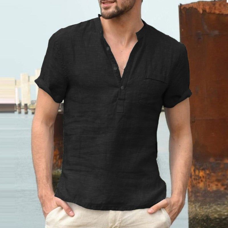 Summer New Fashion Cotton Linen Casual Shirts  Male Short Sleeve  Breathable  Tops