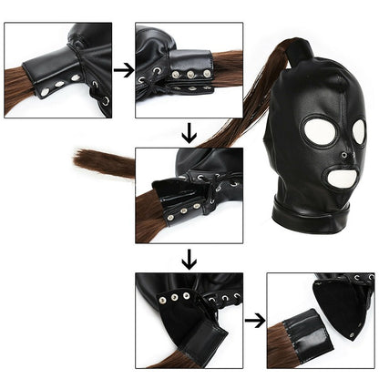 Unisex Latex Hood Mask Sexy Men Women PU Leather Masks Cosplay Flirting Tail Chest Strap Headwear Cosplay Sexy Accessory