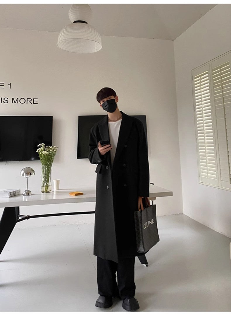 Mauroicardi Autumn Winter Long Warm Coffee Black Soft Woolen Coat Men Double Breasted Loose Casual Wool Blends Overcoat 2023