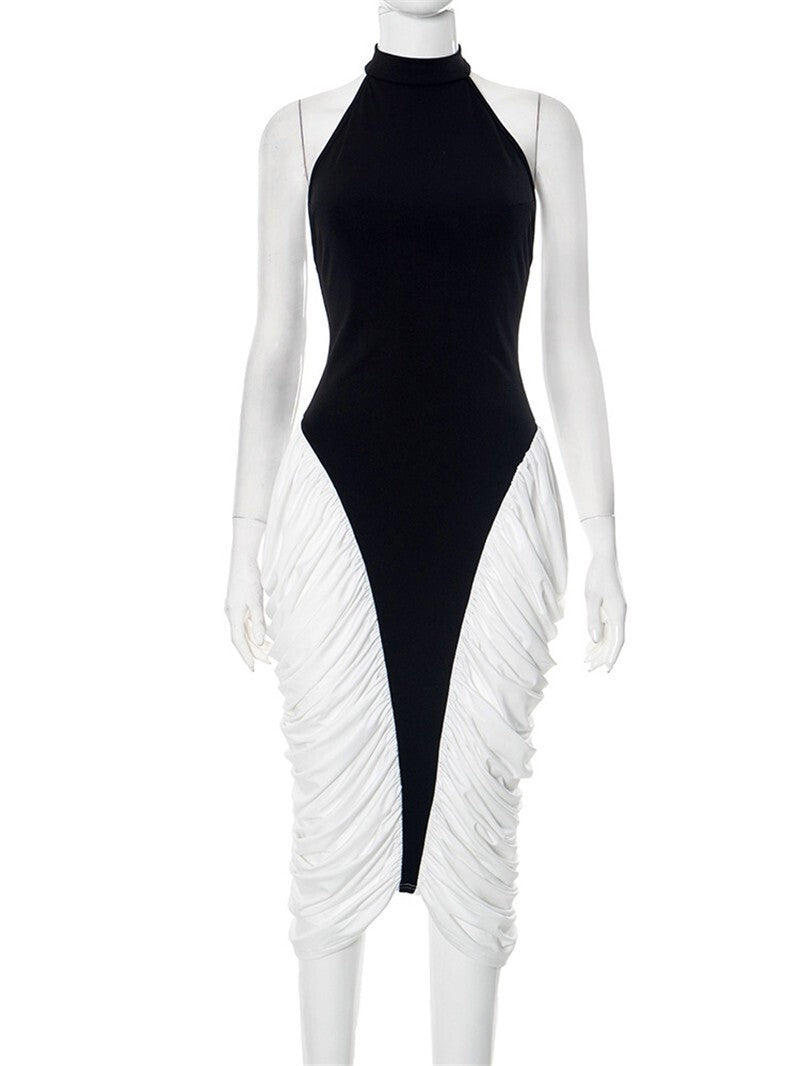 Mozision Patchwork Halter Backless Sexy Midi Dress Women Gown Elegant Fashion Co
