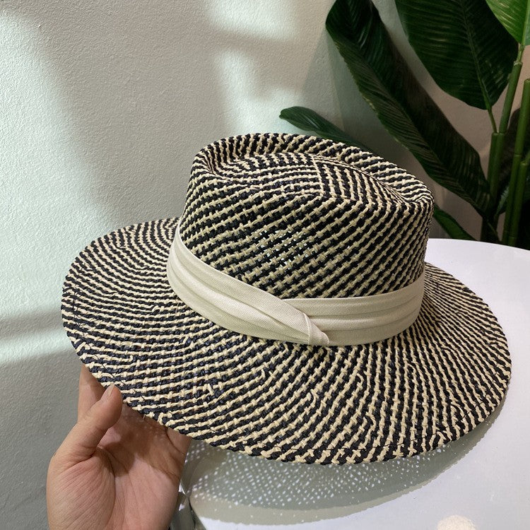 Chapéu de Palha Feminino de Verão Chapéu de Sol Luxuoso Feminino Chapéu de Praia de Proteção Solar da Moda Chapéu Panamá Francês Chapéu Raff de Aba Larga com Topo Abaulado