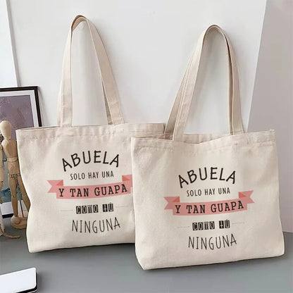 Spanish Abuela Quote Tote Bag Vibrant Shoulder Handbag with Heart Ribbon Design Perfect for Mother’s Day & Grandma Appreciation