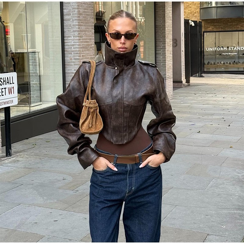 Vintage Women's Cropped Faux Leather Jacket Stand Collar Balloon Sleeve Biker Style PU Leather Coat Streetwear Fashion Outfit