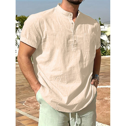 Summer Hot Sale Men's T-shirt Cotton Linen Henley Neck Casual Breathable Lightweight Solid Color Pocket Button Tops