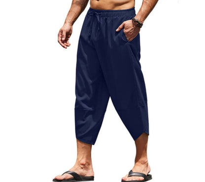 Calças Capri Masculinas de Verão Cor Sólida Shorts Harem Masculinos com Elástico na Cintura Cordão Calças Cropped 3/4 Folgadas