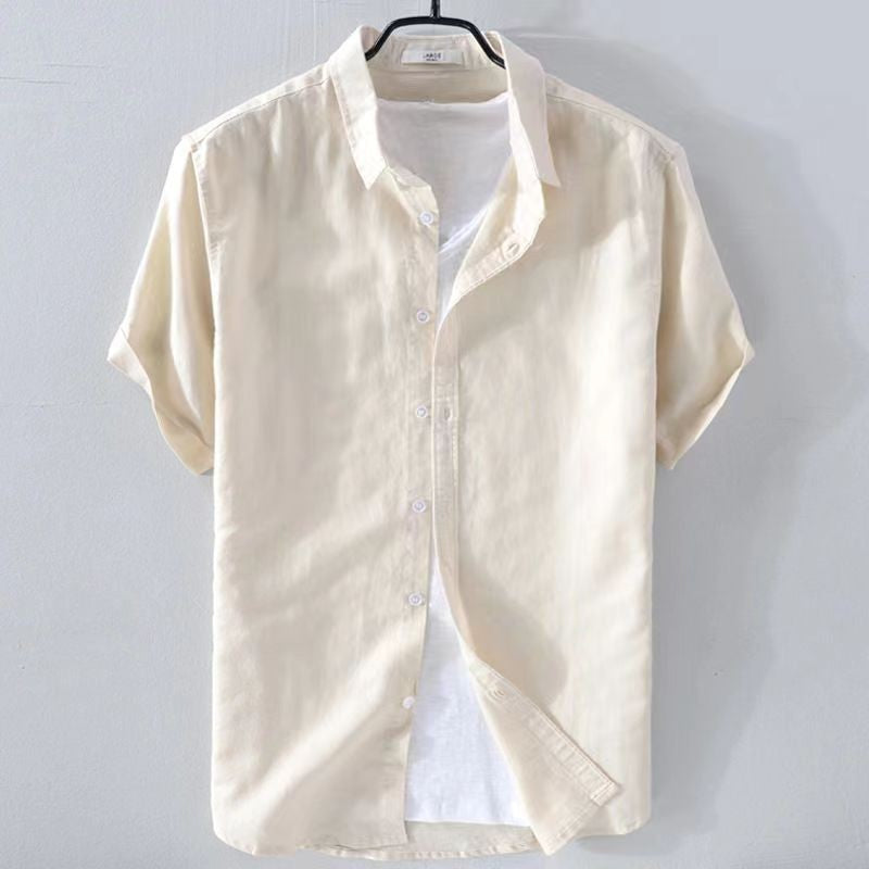 Short Sleeve Linen Shirt Men Simple Casual Retro Loose Style Youth Thin Basic Half Sleeve Cotton Linen Clothing
