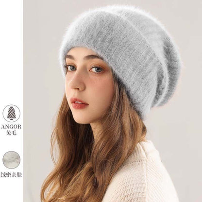 Angora Rabbit Fur Beanies Women's Warm Fluffy Knitted Slouchy Beanie Hat Female Soft Oversize Thermal Hats Autumn Winter
