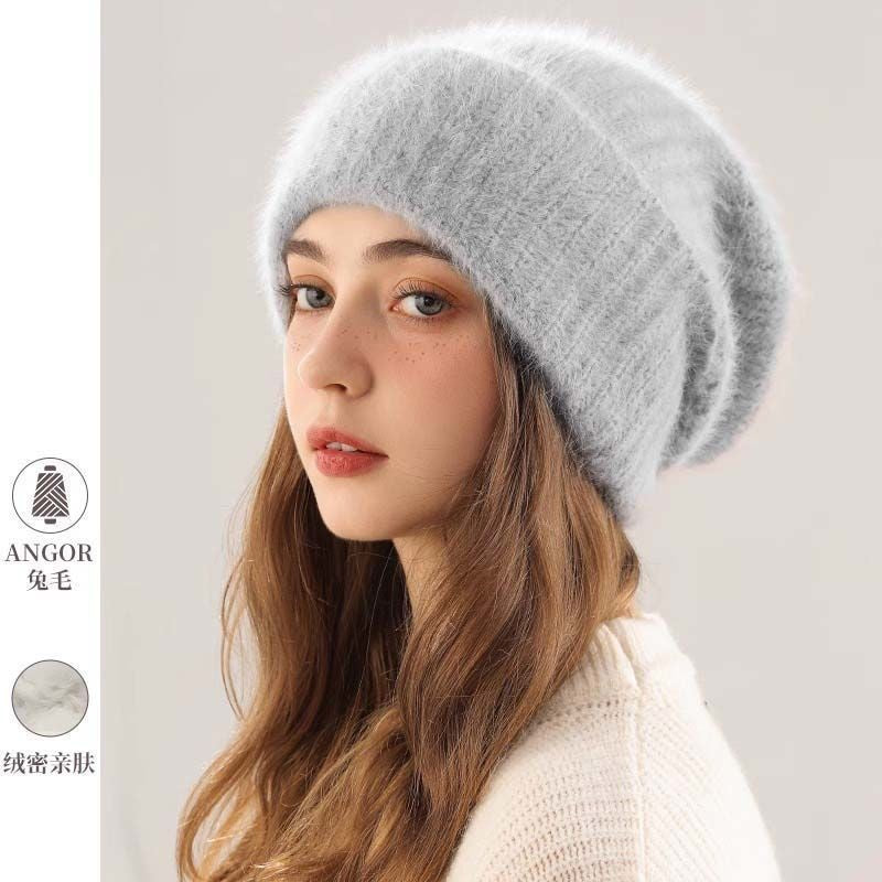 Angora Rabbit Fur Beanies Women's Warm Fluffy Knitted Slouchy Beanie Hat Female Soft Oversize Thermal Hats Autumn Winter