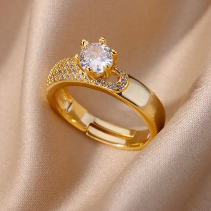 Anéis de Aço Inoxidável Banhados a Ouro com Cristal para Mulheres Corrente Geométrico Zircônia Anel de Dedo Joia Presente anillos mujer 2025 Novo e Moderno