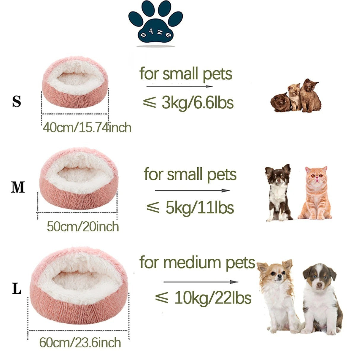 Cama para Pets 2 em 1 de Pelúcia Macia 50CM com Cobertura Redonda Cama para Gatos Colchão para Filhotes Quente Ninho Caverna para Cães Pequenos Tapetes