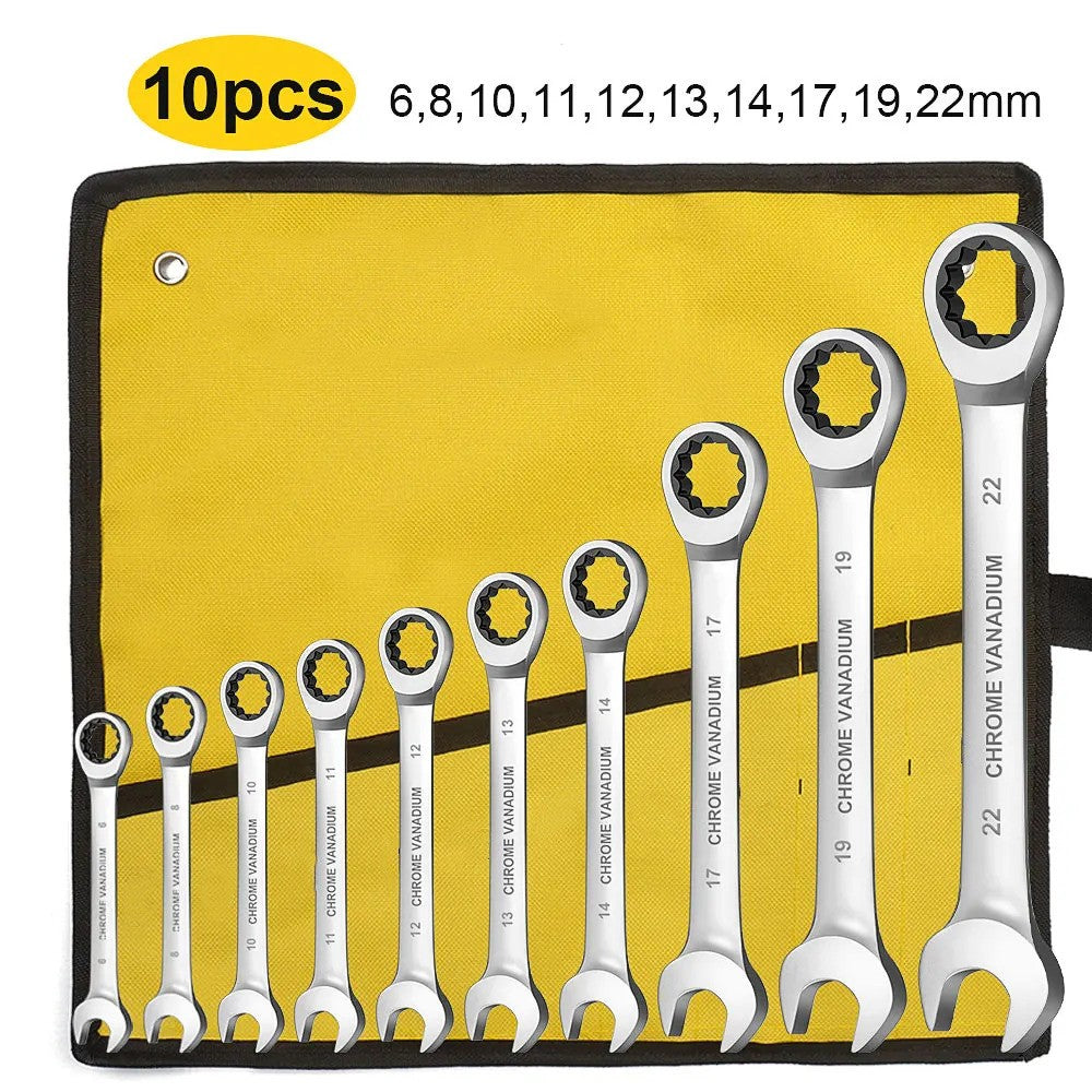 Conjunto de Chaves Combinadas Catraca WEELEE, Chaves para Reparo Automotivo Métricas 6-19mm, com Bolsas de Pano Enroláveis