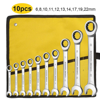 Conjunto de Chaves Combinadas Catraca WEELEE, Chaves para Reparo Automotivo Métricas 6-19mm, com Bolsas de Pano Enroláveis