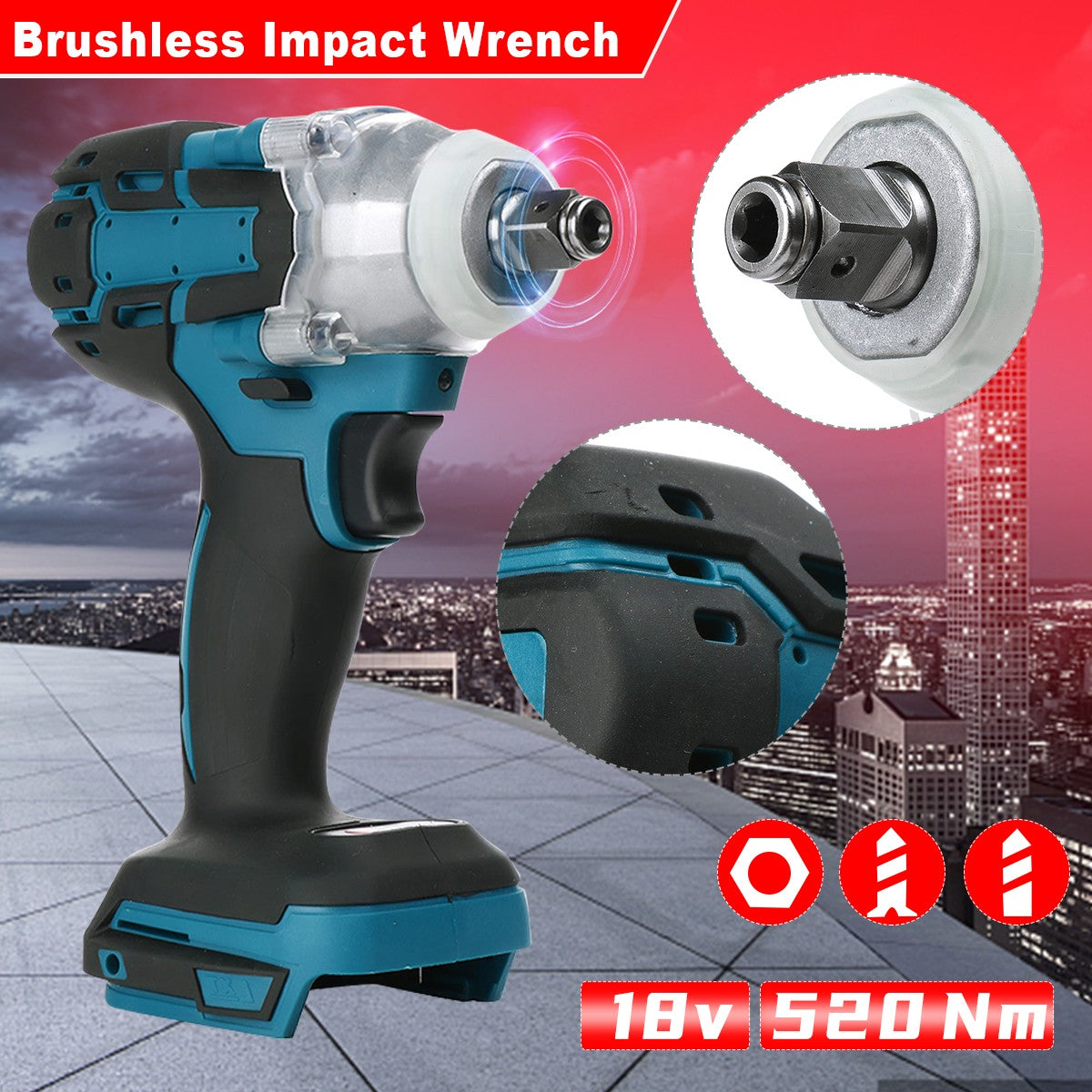 Chave de Impacto Elétrica Sem Fio Sem Escovas 520NM de 1/2 polegada, Ferramentas Elétricas Compatíveis com Bateria de 18V, Chave com Conjunto de Caixa de Ferramentas