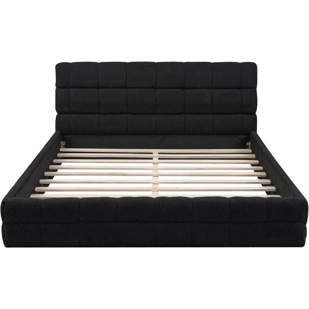 Grounded Bed Upholstered Platform Bed with Unique Design Thick Fabric Headboard, Wood Platform Bed Frame for Kids Adults Bedroom