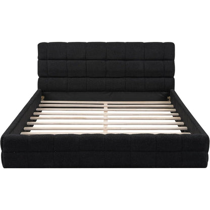 Grounded Bed Upholstered Platform Bed with Unique Design Thick Fabric Headboard, Wood Platform Bed Frame for Kids Adults Bedroom